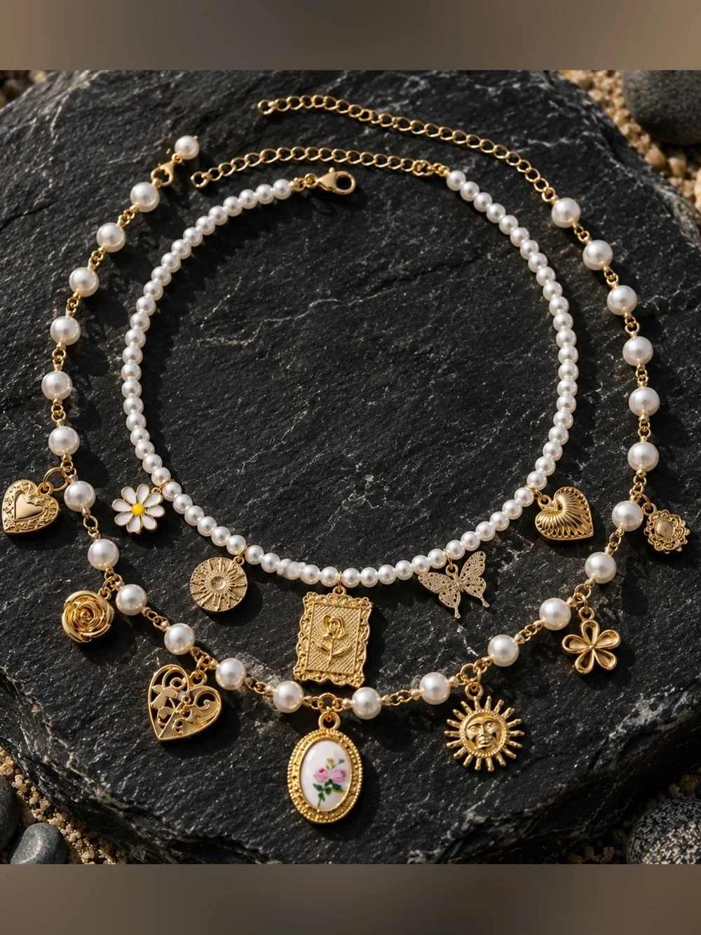 Gold and Pearl Layered Charm Necklace - Women Jewelry